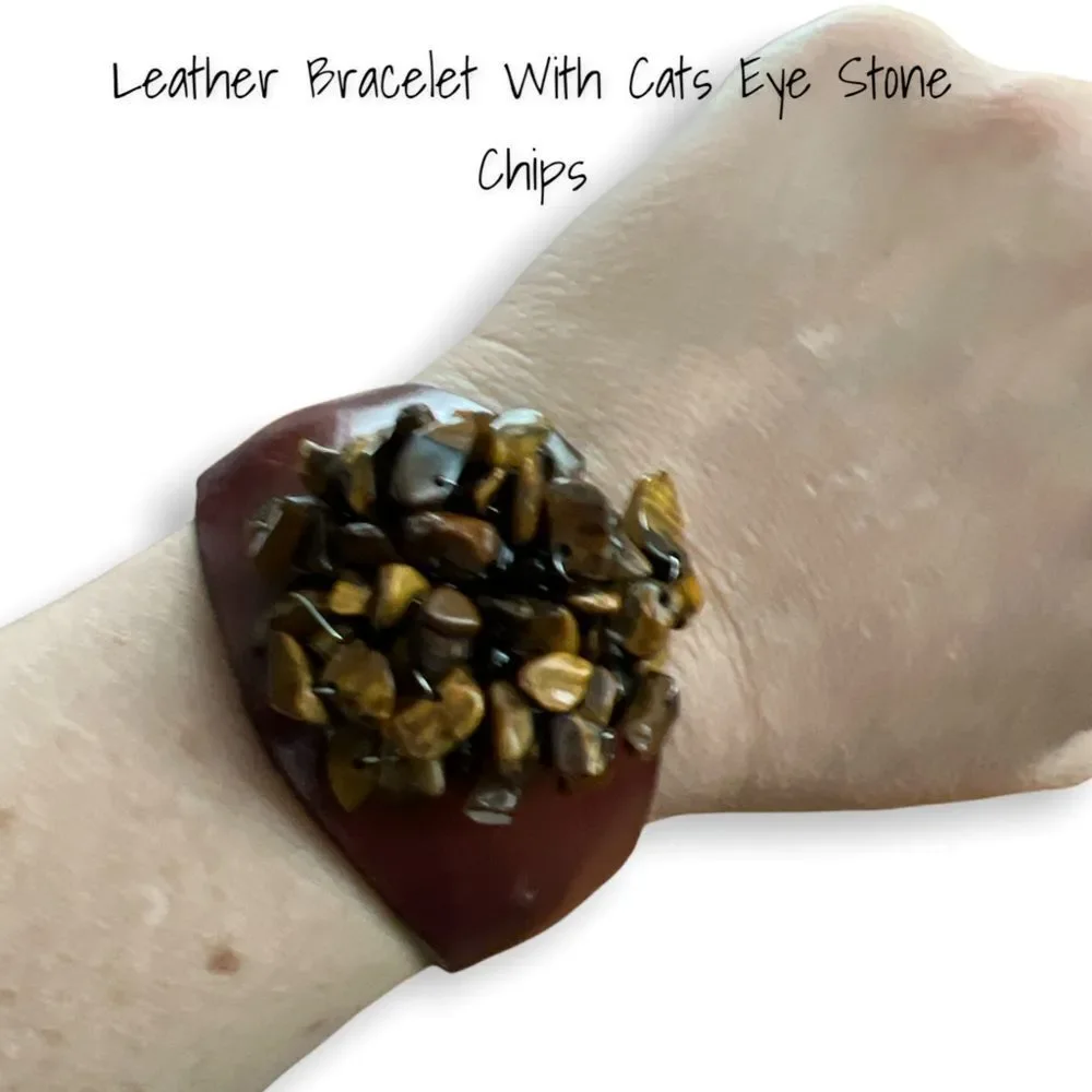Leather Cuff Bracelet With Tigers Eye Chips Center